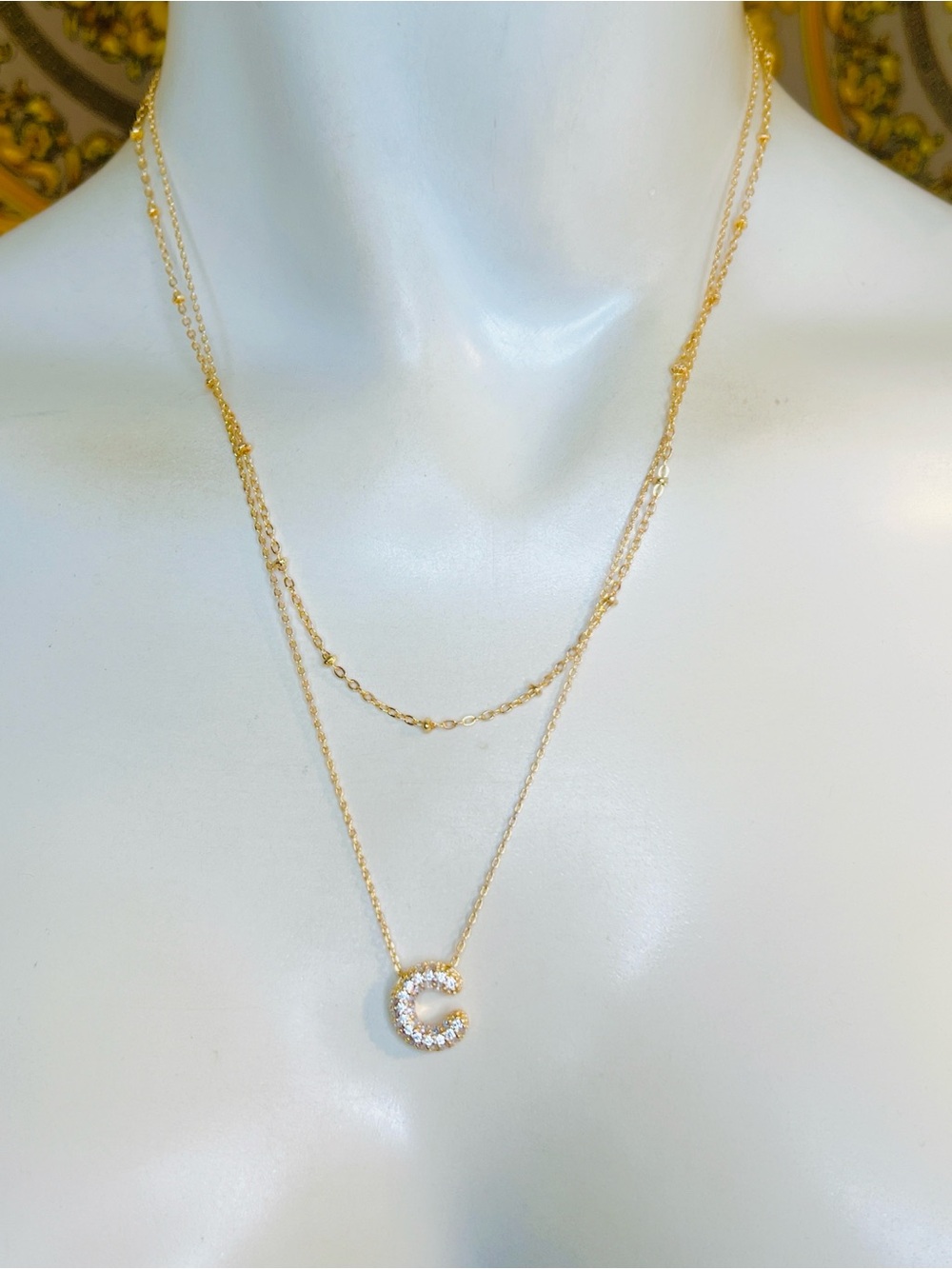 18k yellow gold filled C pave CZ 💎 diamond layered necklace initial letter